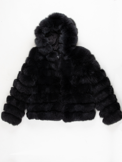 Black 'Blue Fox Fur' Hooded Jacket